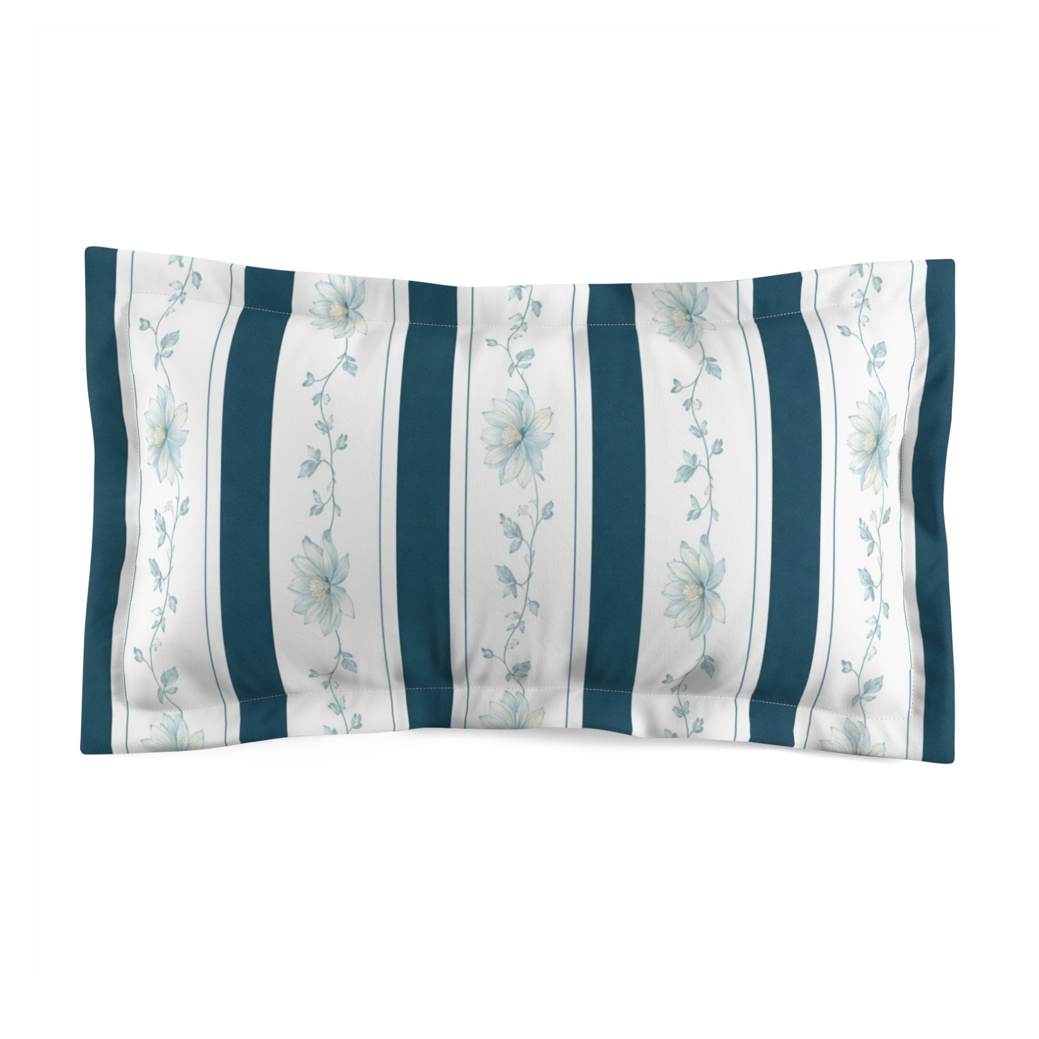 Striped Floral Pillow Sham – Blue White Microfiber Decorative Pillowcase