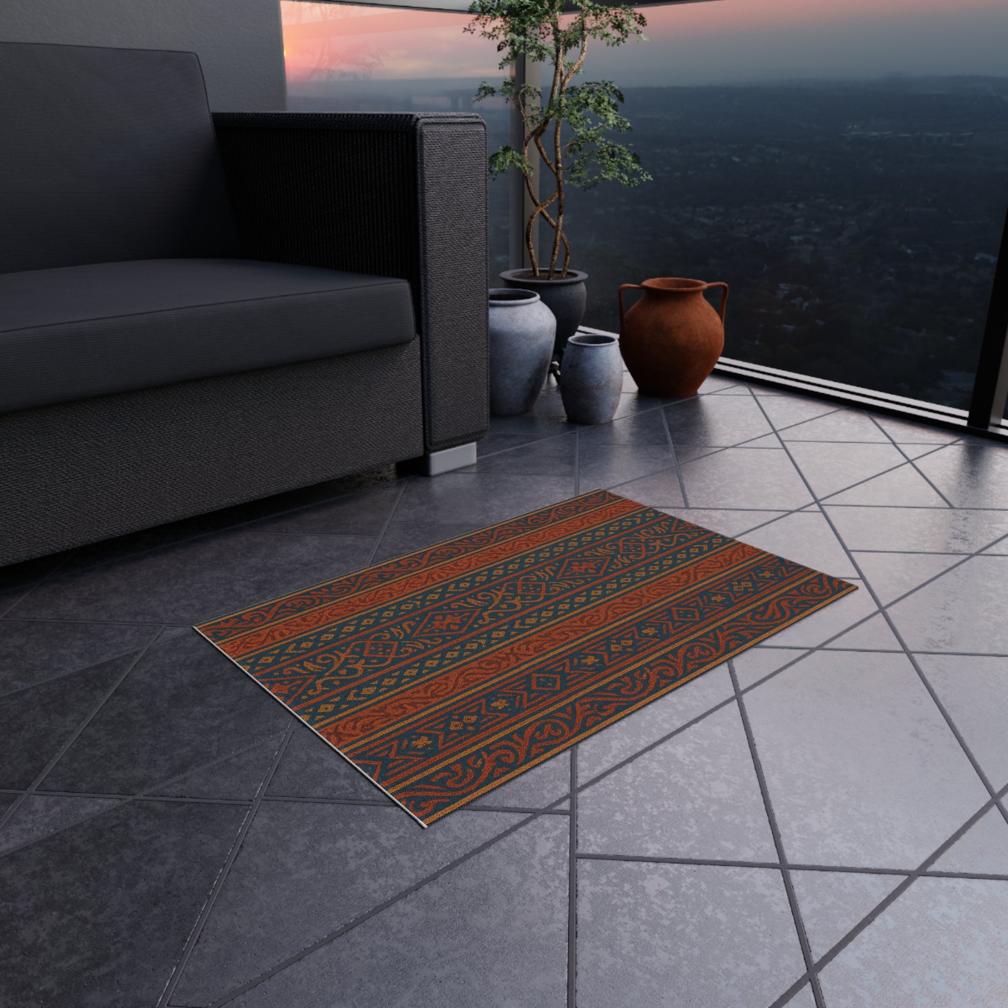 Southwest Stripe Outdoor Rug — Weatherproof Patio Mat with Terracotta & Navy Tribal Pattern