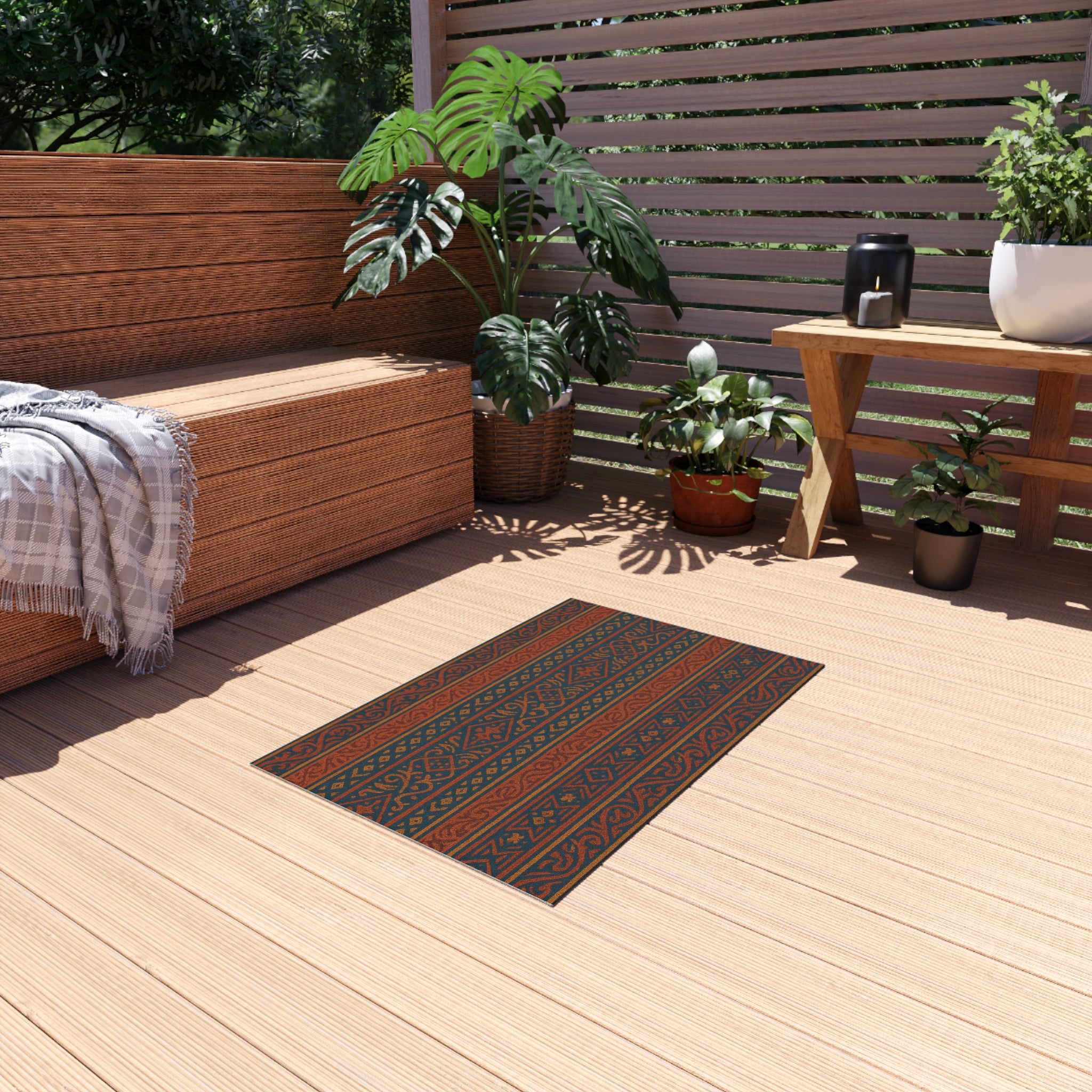 Southwest Stripe Outdoor Rug — Weatherproof Patio Mat with Terracotta & Navy Tribal Pattern