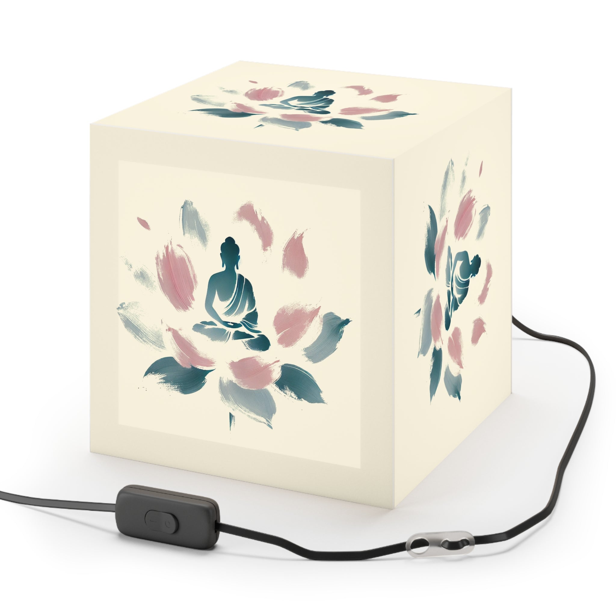 Cube Lamp, Minimalist Meditating Figure on Lotus Flower, Pastel Blue and Pink Brushstrokes, Serene Ethereal Design, Overlayable Artwork