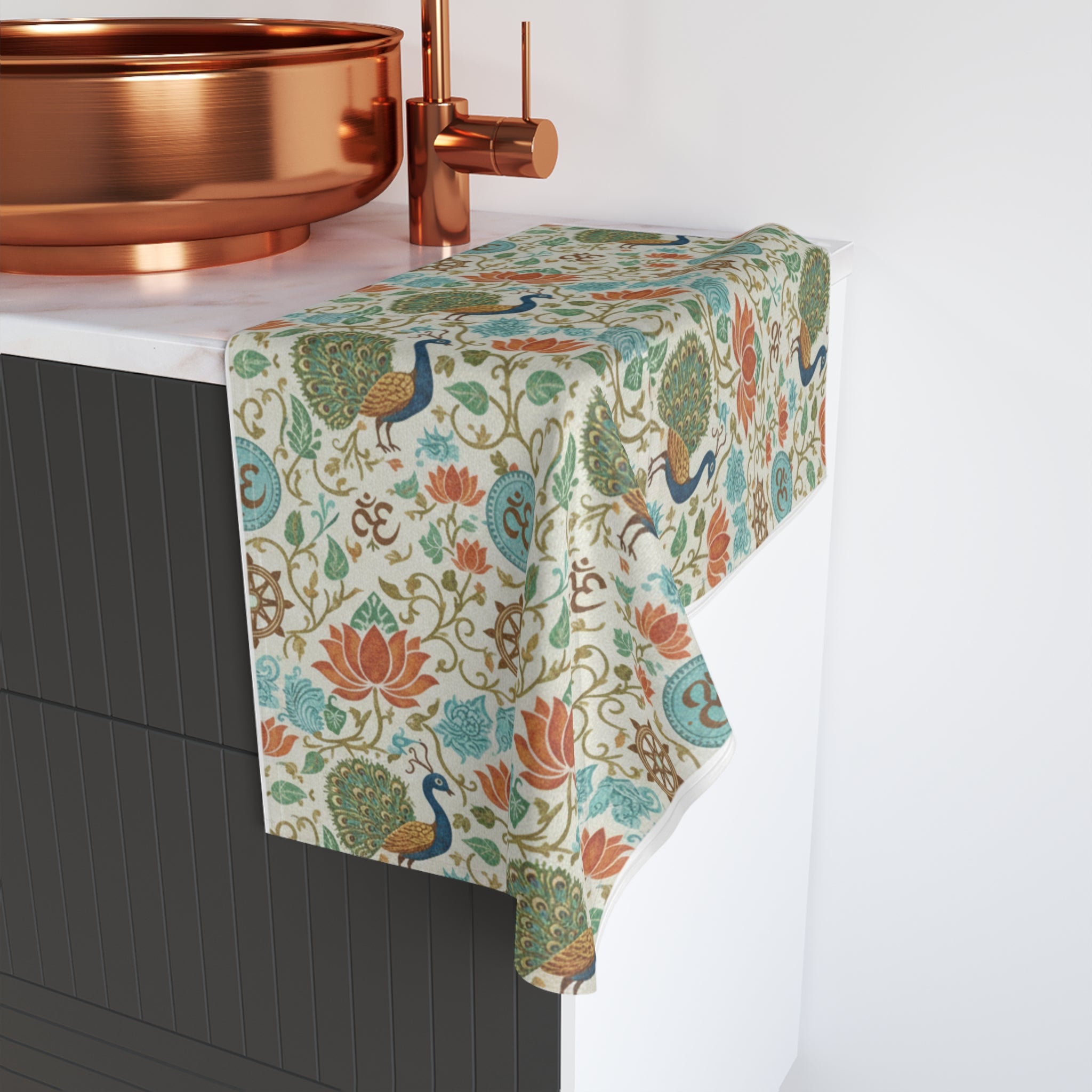 Peacock & Lotus Pattern Hand Towel — Boho Floral Indian-Inspired Kitchen Towel