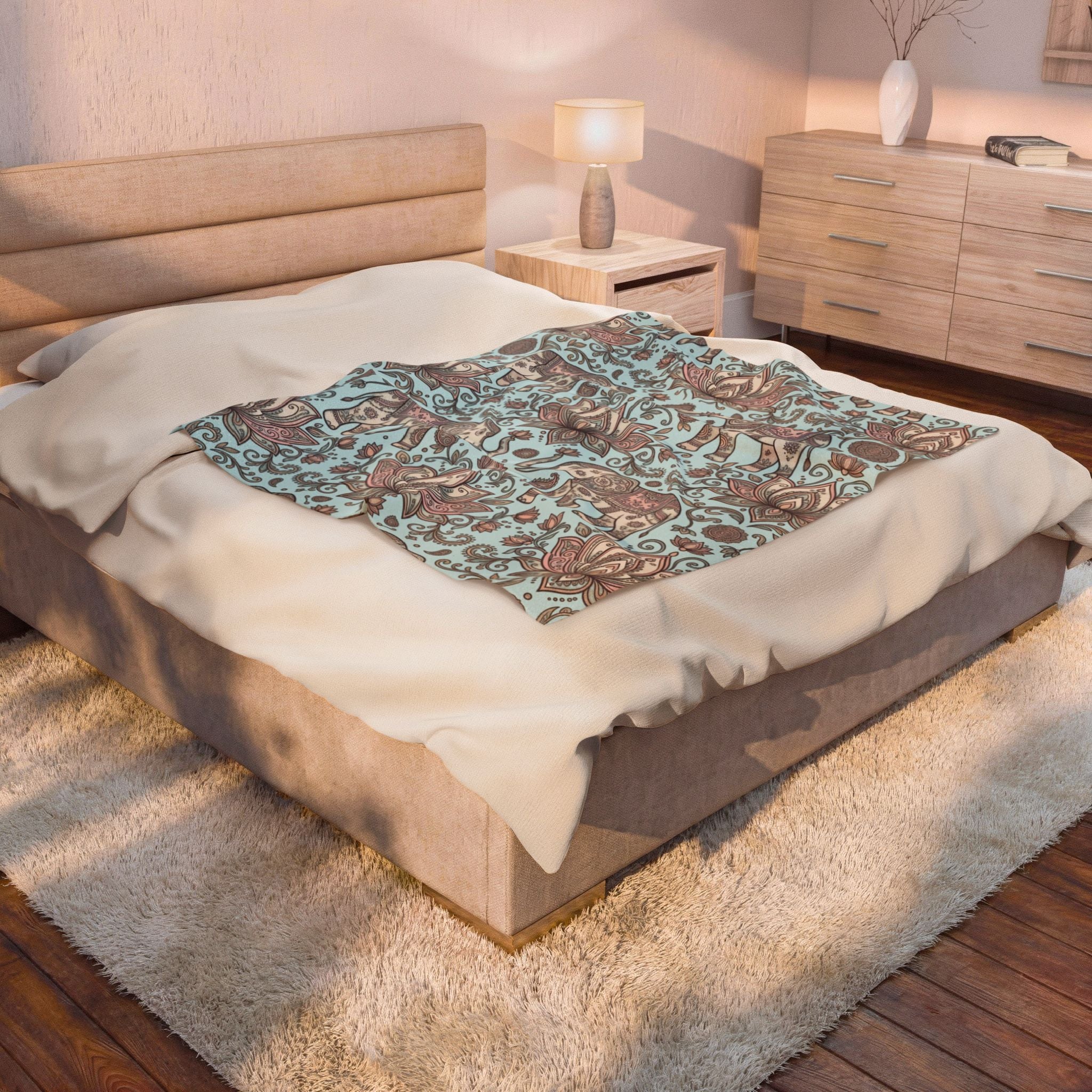 Boho Elephant Velveteen Plush Blanket – Lotus & Paisley Cozy Throw