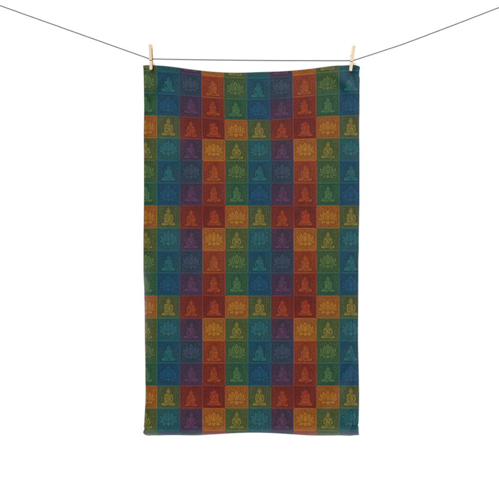 Buddha Tiles Pattern Hand Towel — Colorful Zen Kitchen & Bath Accent
