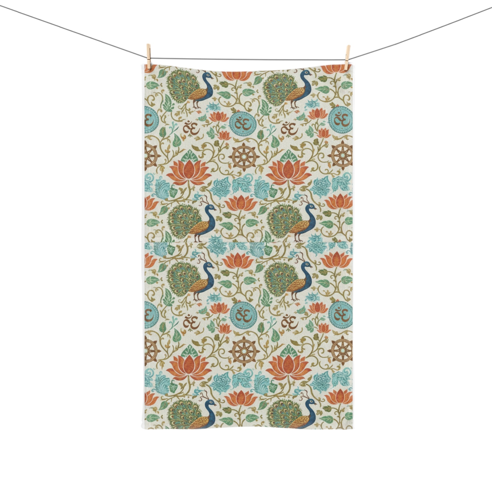 Peacock & Lotus Pattern Hand Towel — Boho Floral Indian-Inspired Kitchen Towel