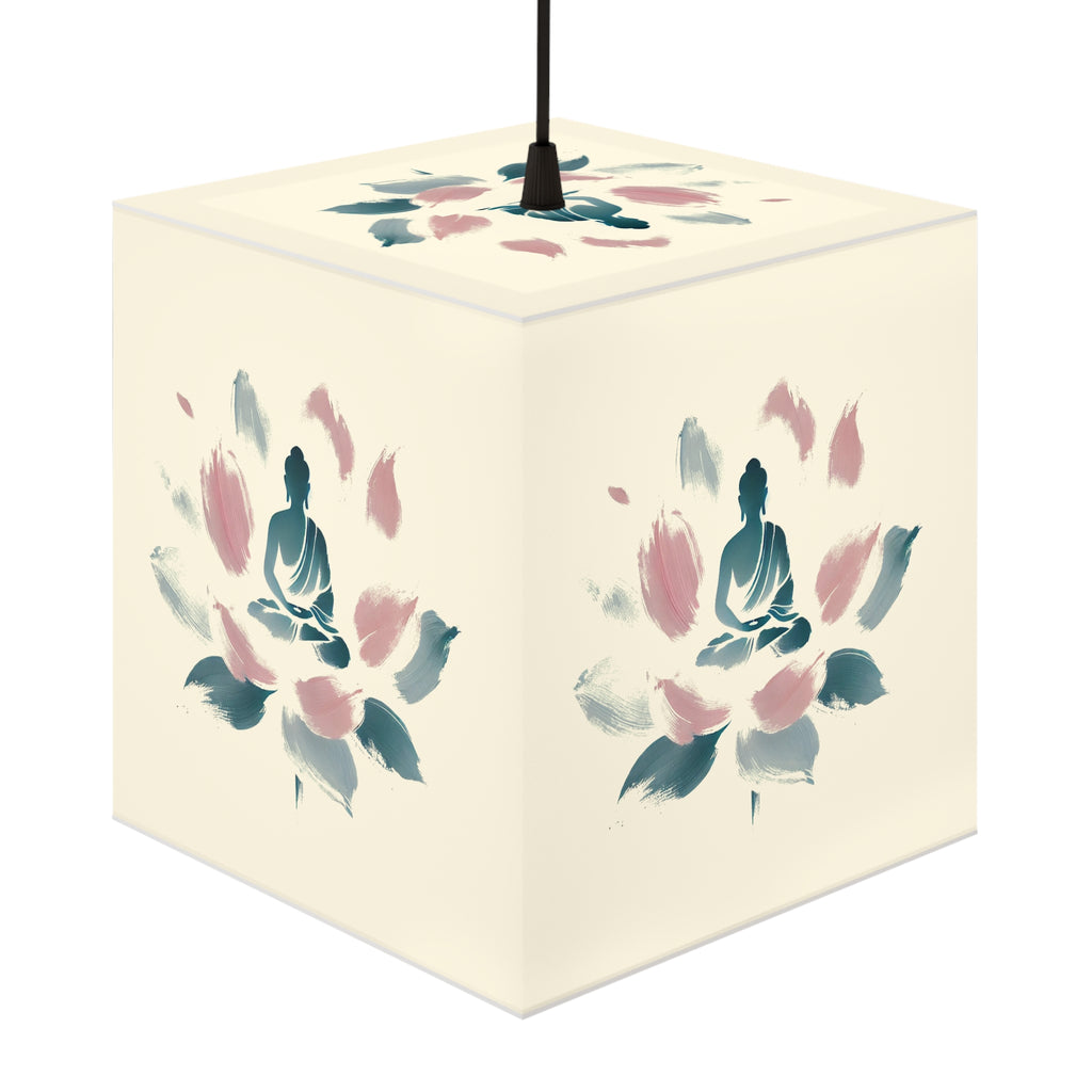 Cube Lamp, Minimalist Meditating Figure on Lotus Flower, Pastel Blue and Pink Brushstrokes, Serene Ethereal Design, Overlayable Artwork