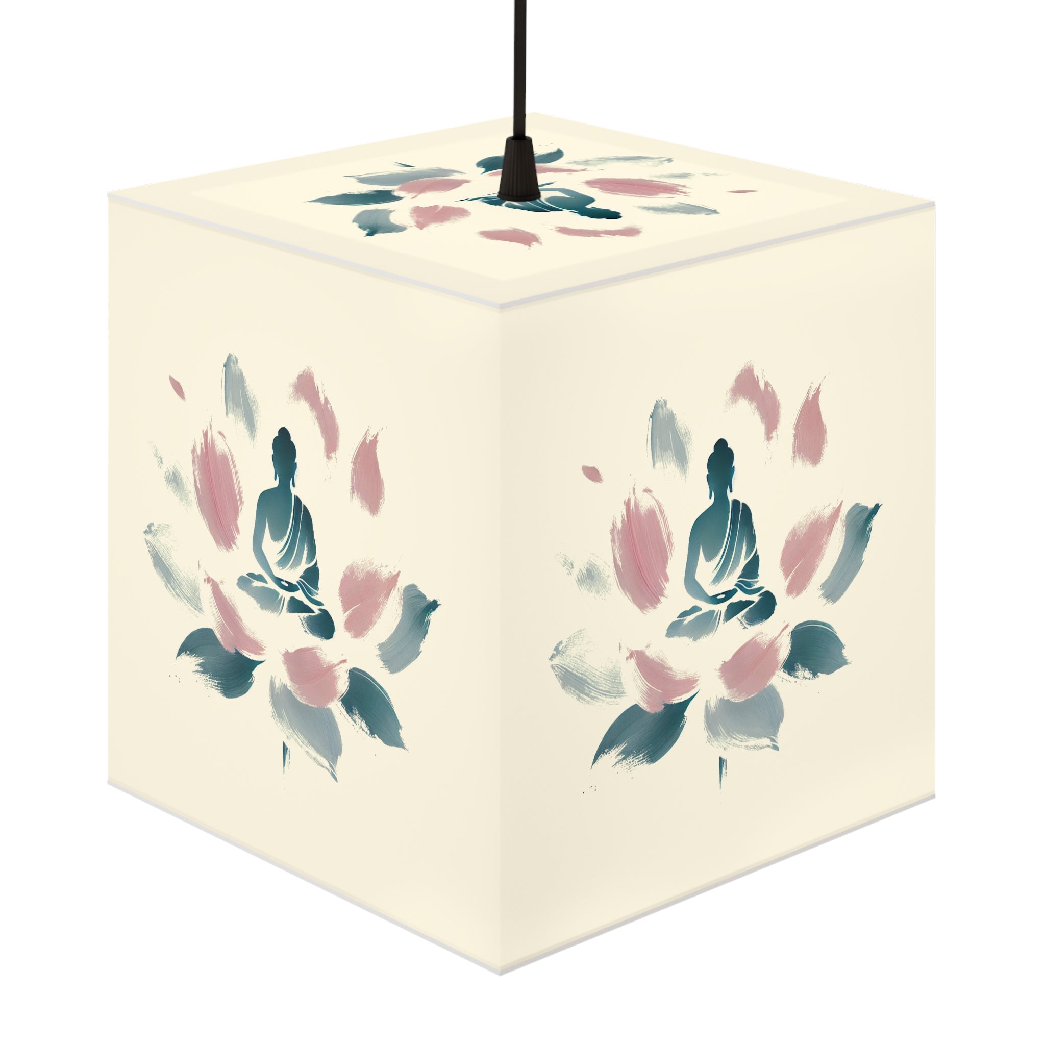 Cube Lamp, Minimalist Meditating Figure on Lotus Flower, Pastel Blue and Pink Brushstrokes, Serene Ethereal Design, Overlayable Artwork