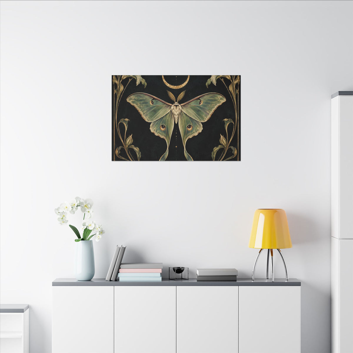 Nightbloom Nouveau Canvas — 24x24 Art Nouveau Moth & Crescent Wall Art