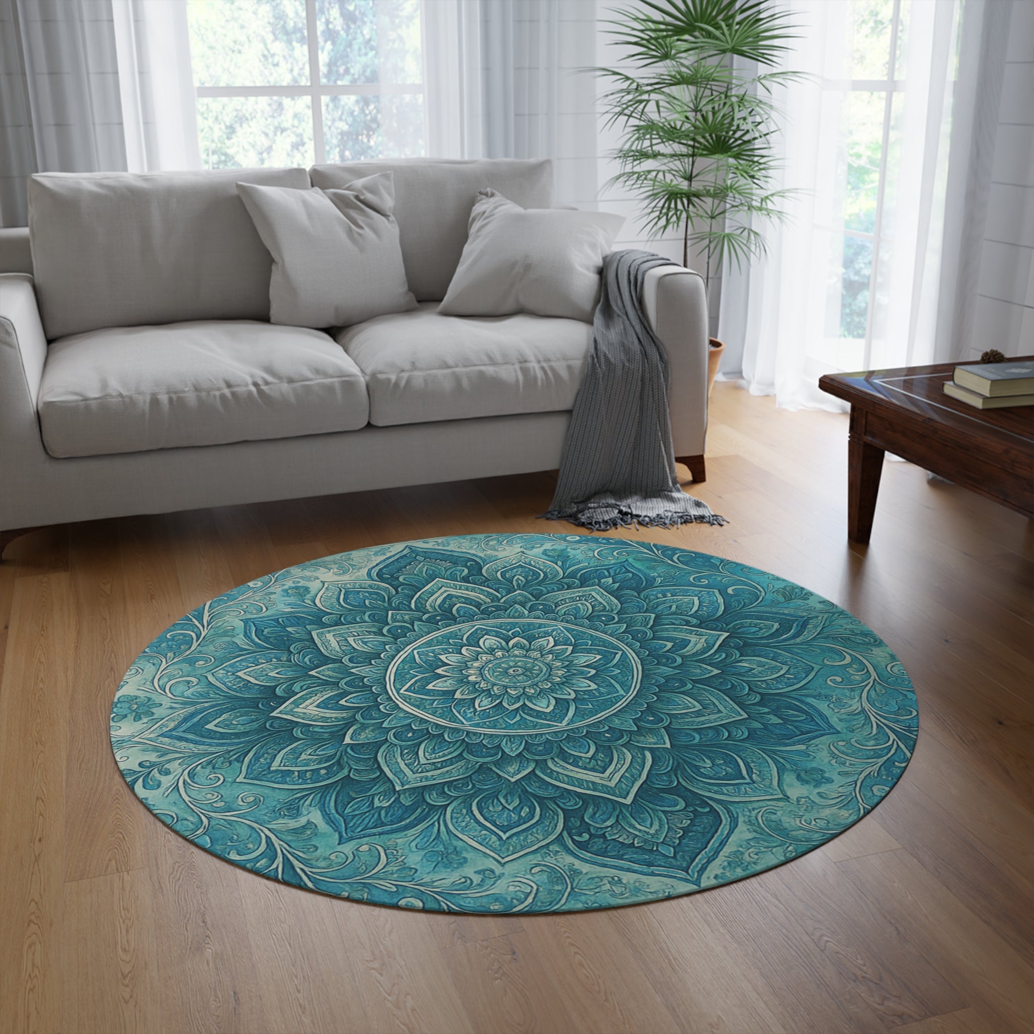 Teal Mandala Round Rug — Boho Yoga Meditation Floor Mat