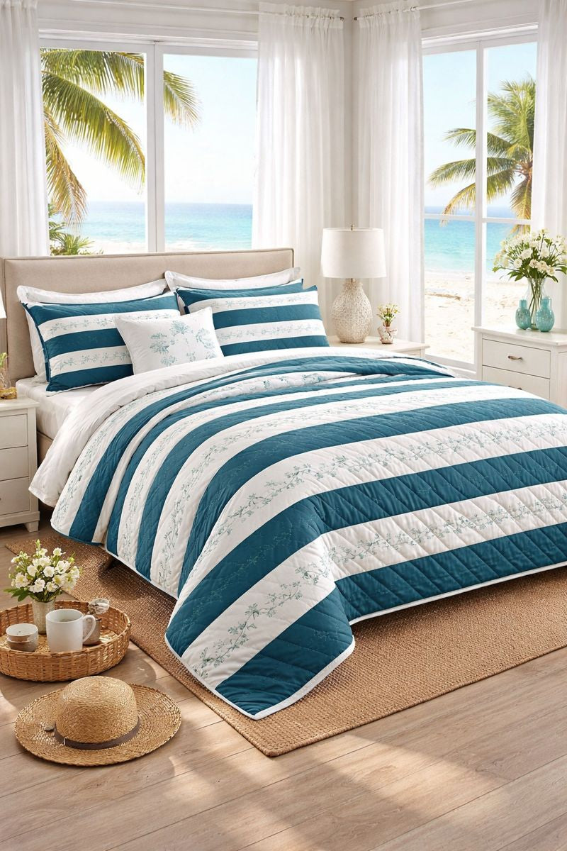 Azure Tide Bohemian Cabana Quilt Cover Set — Blue Stripe Duvet Cover + 2 Pillowcases