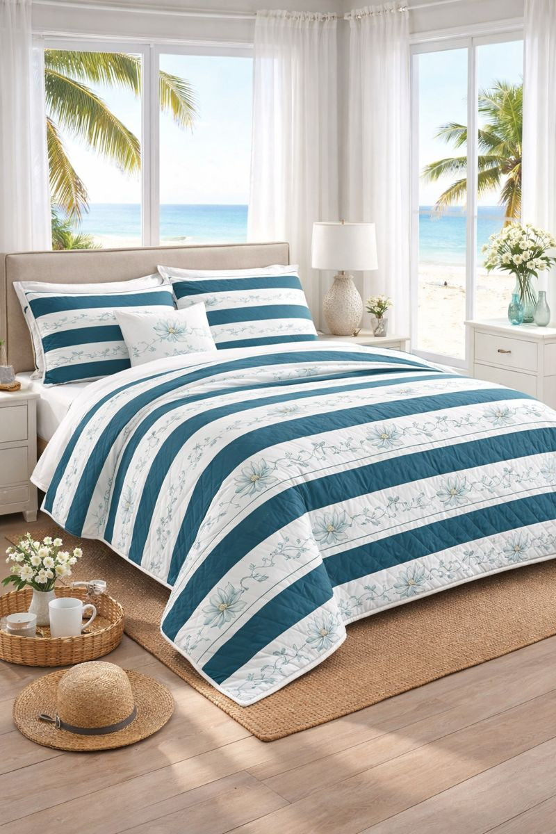 Azure Lotus Coastal Quilt Collection  — Blue Stripe Duvet Cover + 2 Pillowcases