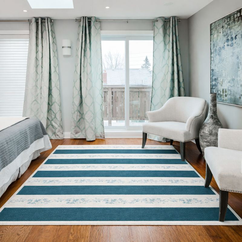 Azure Coastal  Floral Stripe Area Rug — Coastal Cottage Runner for Kitchen & Entryway