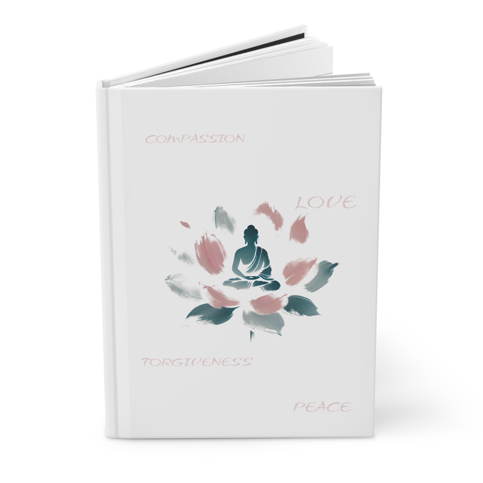 Hardcover Journal Matte, Minimalist Meditating Figure on Lotus Flower Design, Abstract Pastel Blue Pink Brushstrokes, Serene Ethereal