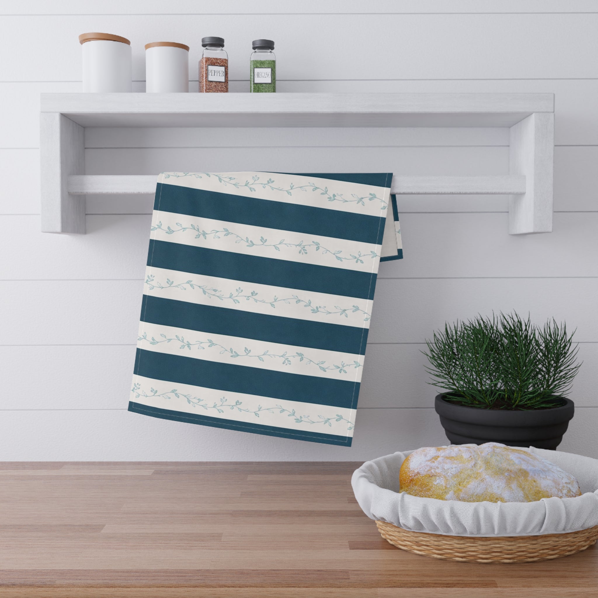Striped Vine Tea Towel — Blue Coastal Kitchen Towel