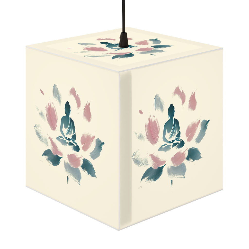 Cube Lamp, Minimalist Meditating Figure on Lotus Flower, Pastel Blue and Pink Brushstrokes, Serene Ethereal Design, Overlayable Artwork
