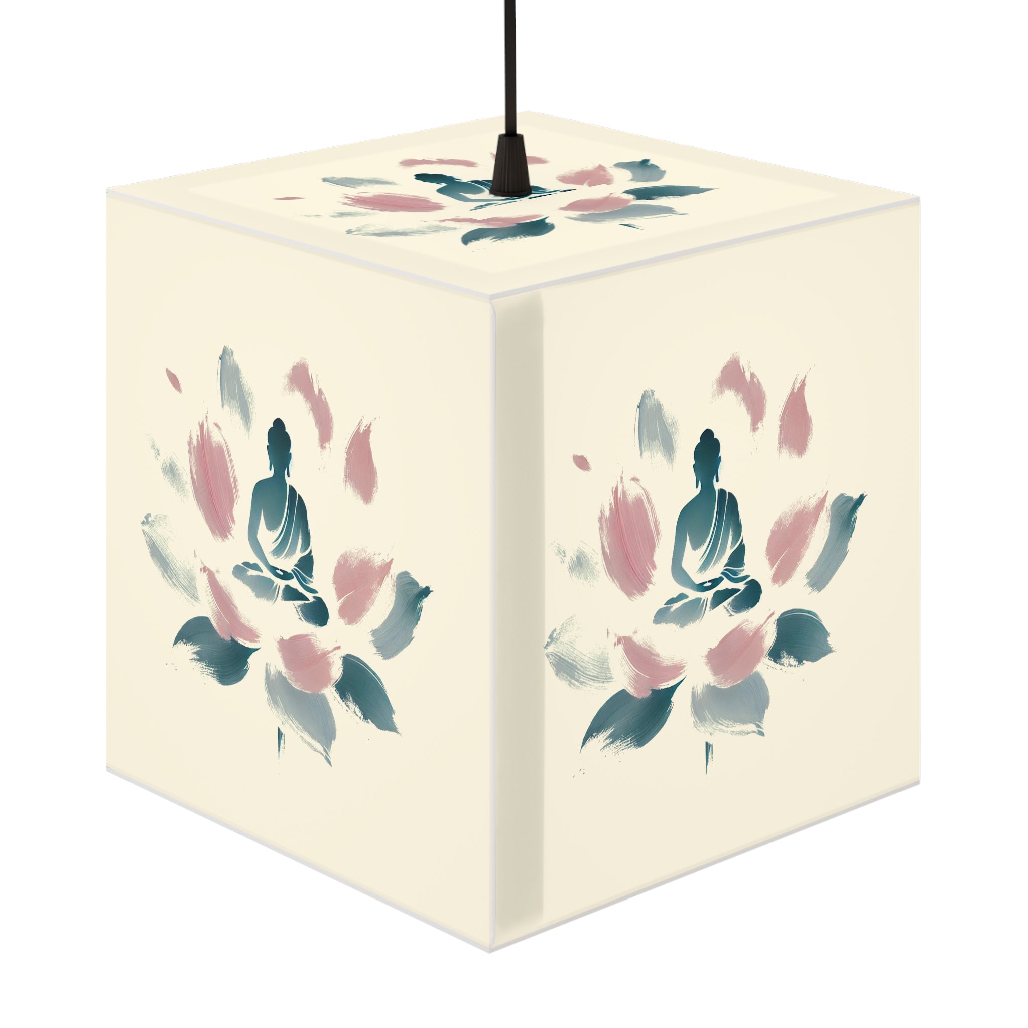 Cube Lamp, Minimalist Meditating Figure on Lotus Flower, Pastel Blue and Pink Brushstrokes, Serene Ethereal Design, Overlayable Artwork