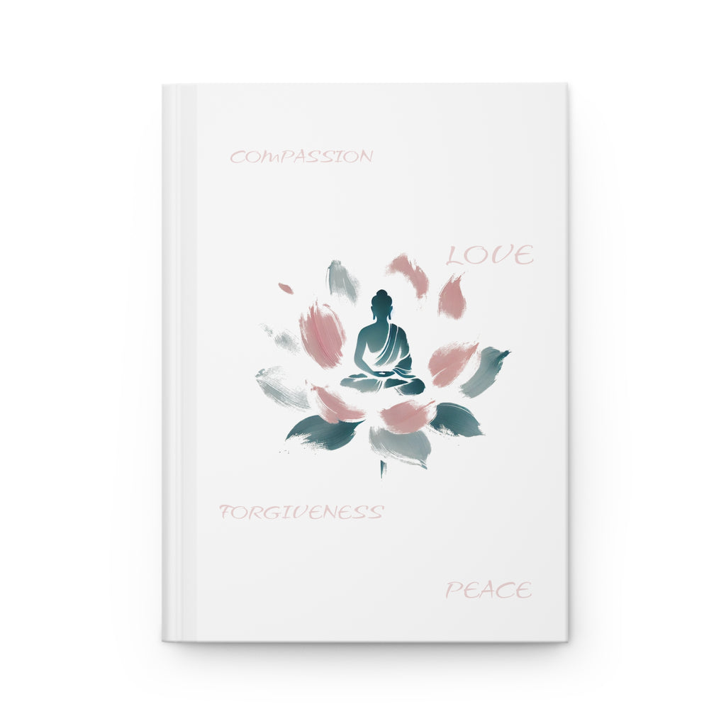 Hardcover Journal Matte, Minimalist Meditating Figure on Lotus Flower Design, Abstract Pastel Blue Pink Brushstrokes, Serene Ethereal