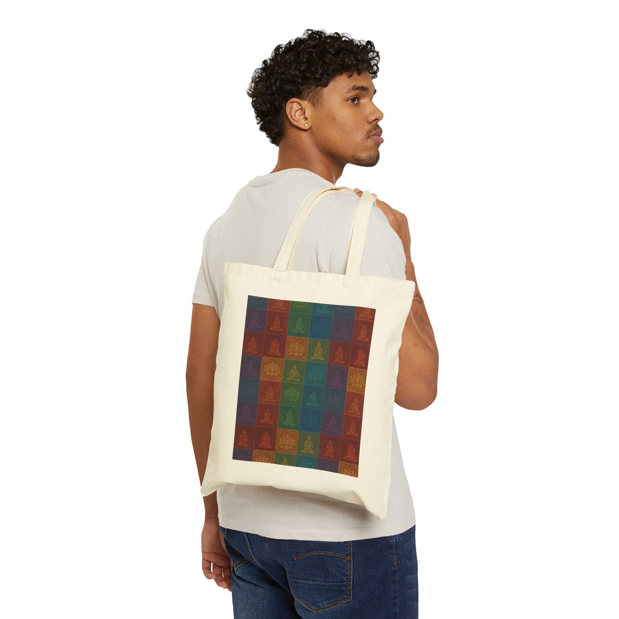 Vintage Buddha Patchwork Canvas Tote Bag — Boho Meditation Market Grocery Bag