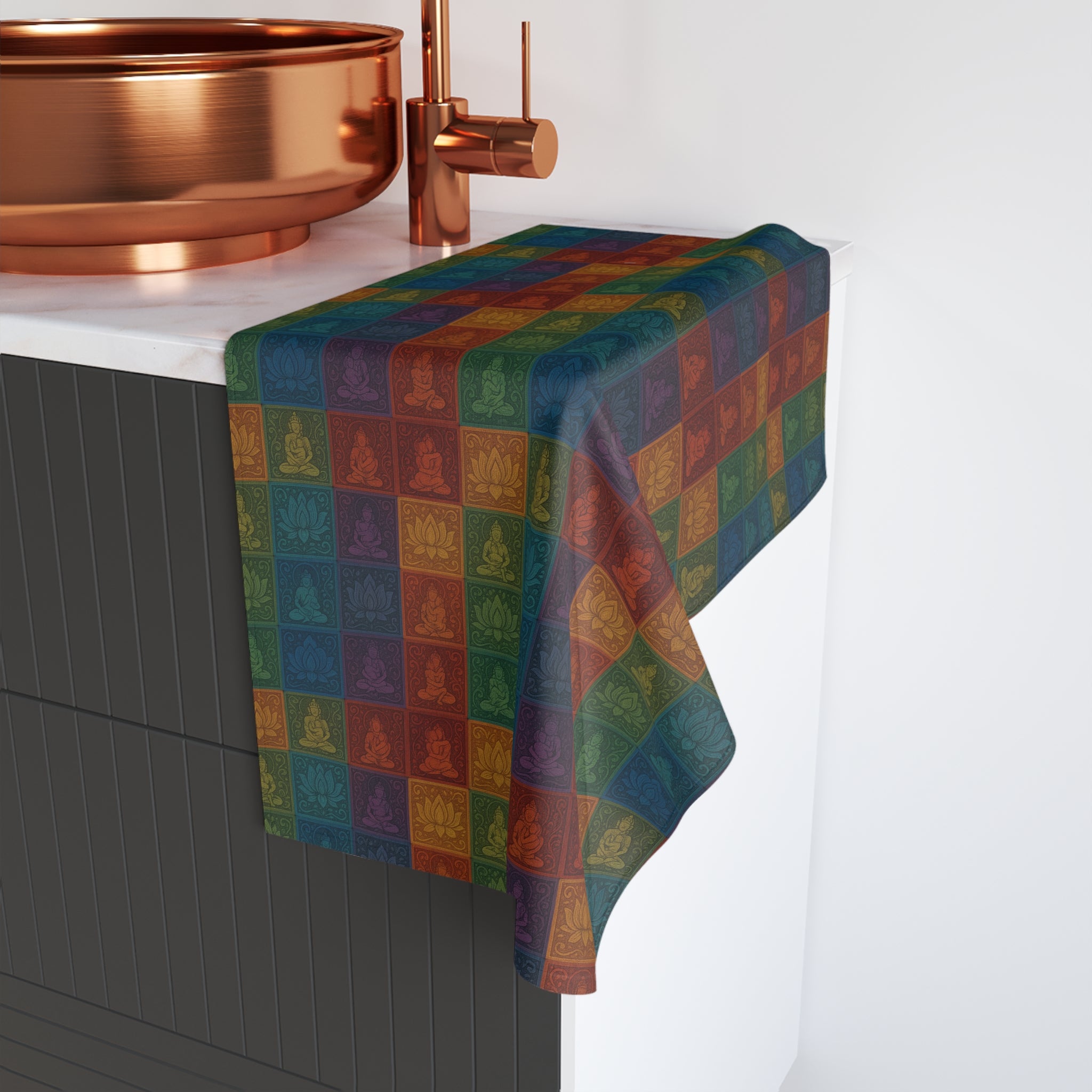 Buddha Tiles Pattern Hand Towel — Colorful Zen Kitchen & Bath Accent
