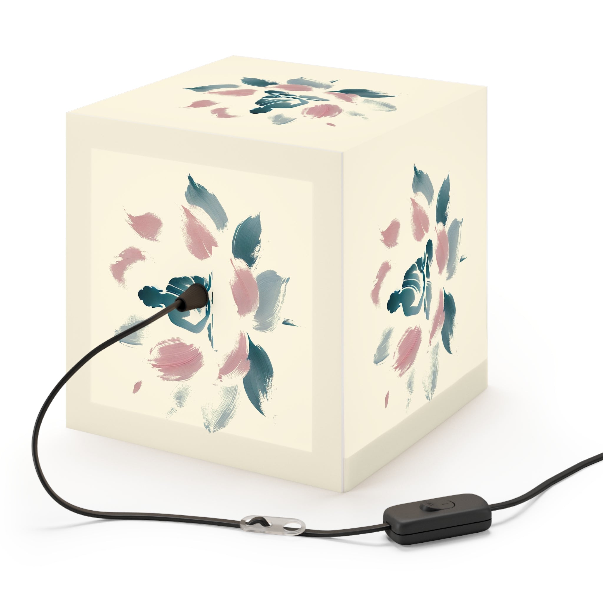 Cube Lamp, Minimalist Meditating Figure on Lotus Flower, Pastel Blue and Pink Brushstrokes, Serene Ethereal Design, Overlayable Artwork