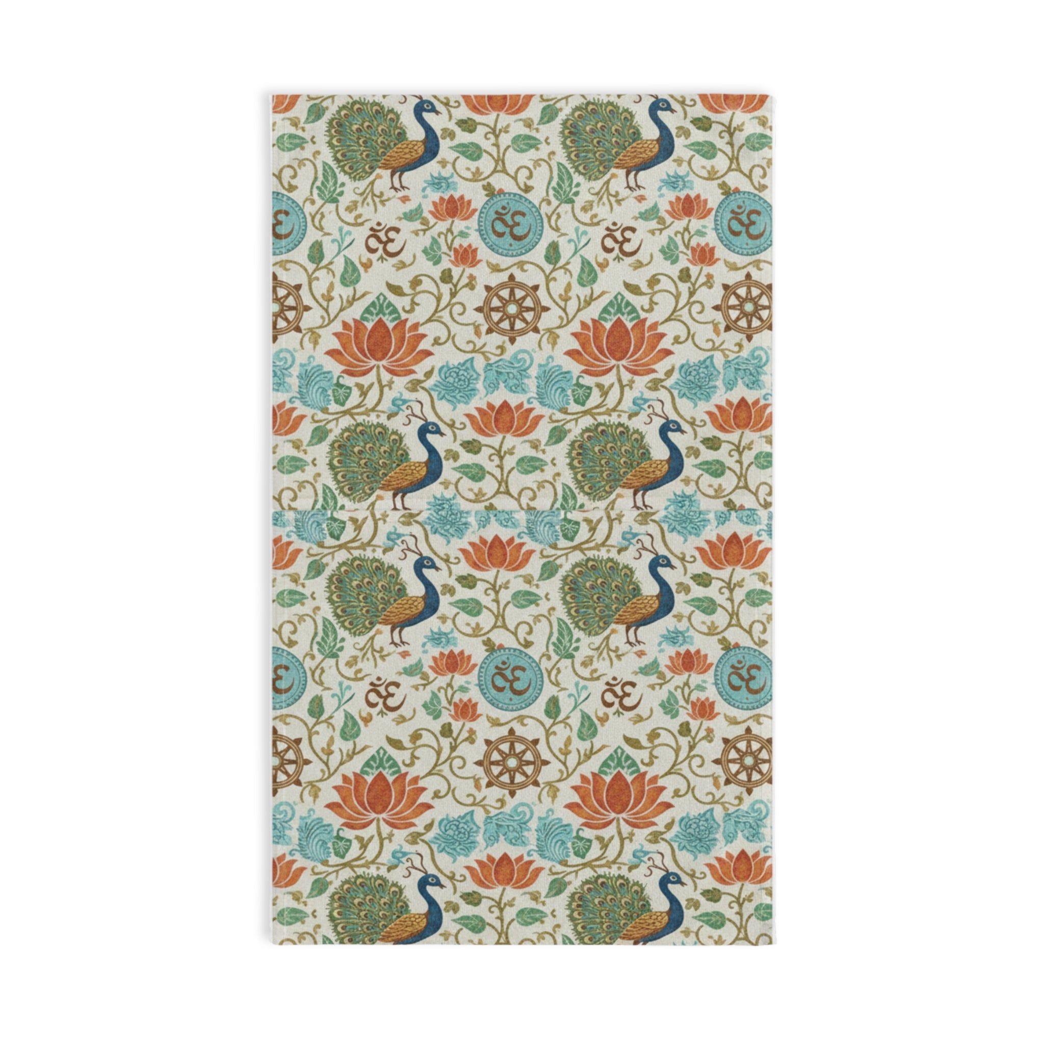 Peacock & Lotus Pattern Hand Towel — Boho Floral Indian-Inspired Kitchen Towel